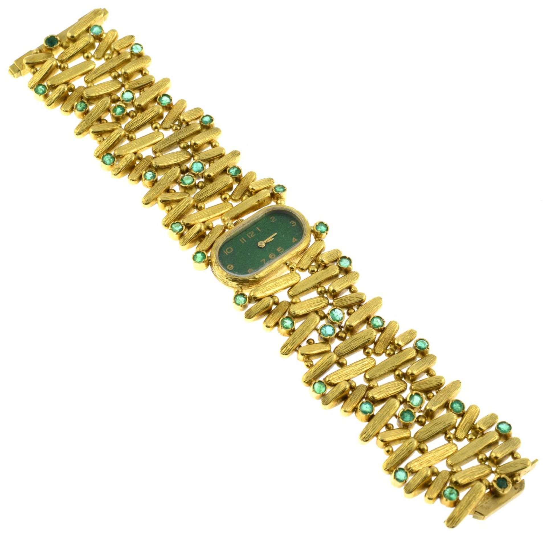 A 1970s 18ct gold emerald cocktail watch, with painted green dial.Maker's mark PG. - Image 3 of 4