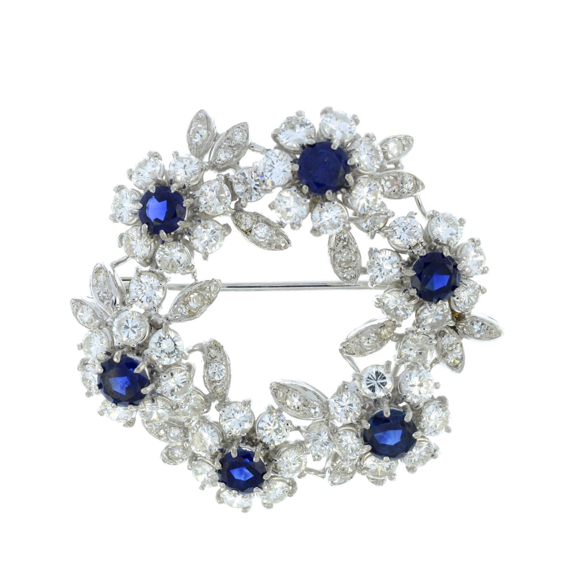 A mid 20th century 18ct gold sapphire and diamond floral wreath brooch.Estimated total sapphire - Image 2 of 4