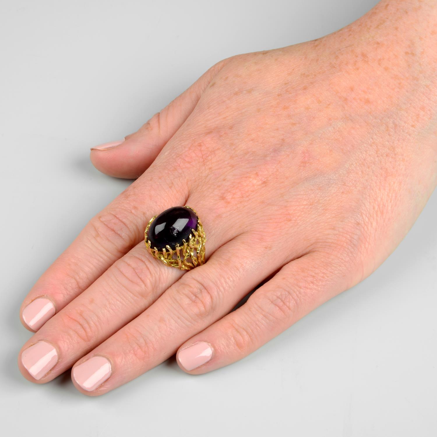 A 1970s 9ct gold amethyst cabochon textured abstract dress ring. - Image 3 of 6
