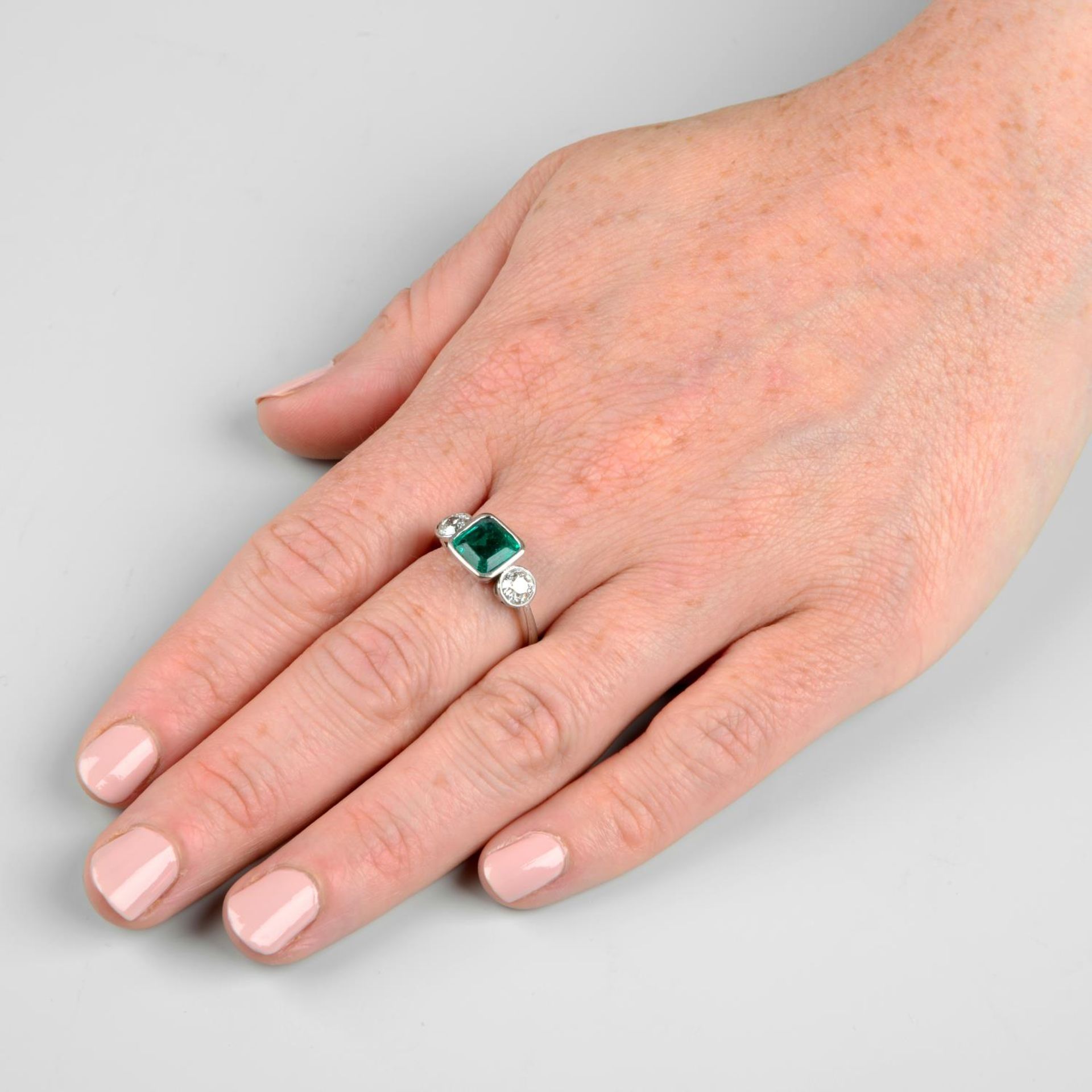 An 18ct gold emerald and old-cut diamond three-stone ring.Emerald calculated weight 1.04cts, - Image 3 of 6