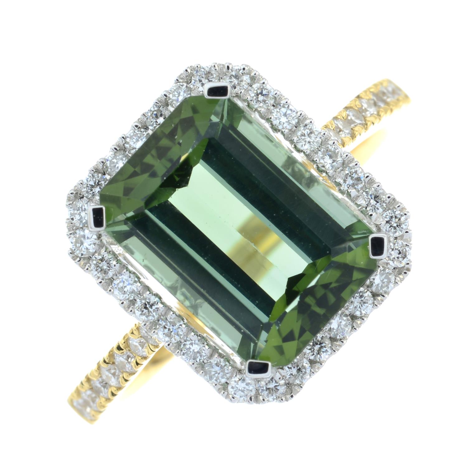 An 18ct gold green tourmaline and brilliant-cut diamond ring.Tourmaline weight 3.37cts.Total - Image 2 of 6