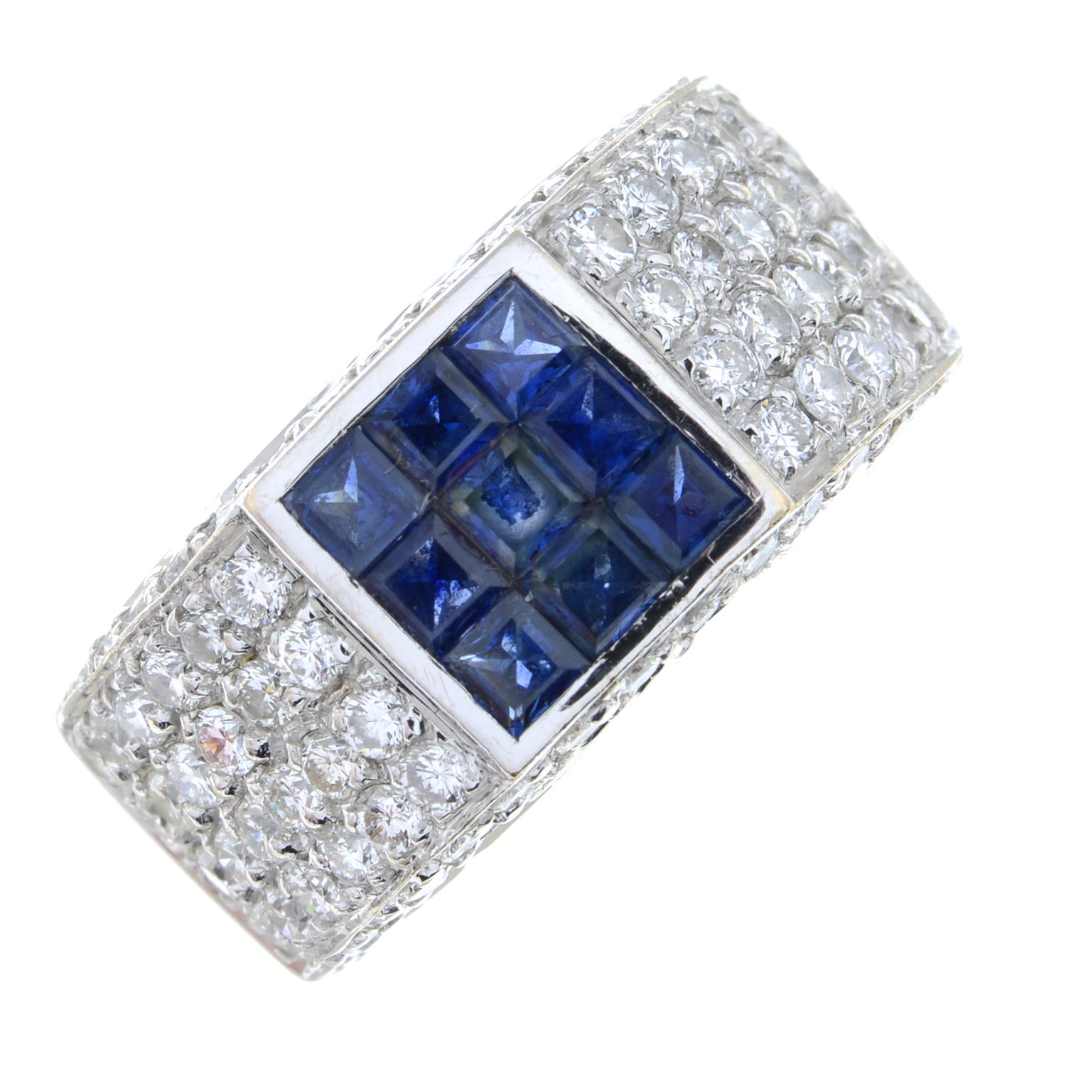 A calibré-cut sapphire and pavé-set diamond band ring.Estimated total diamond weight 1.25cts, - Image 2 of 6