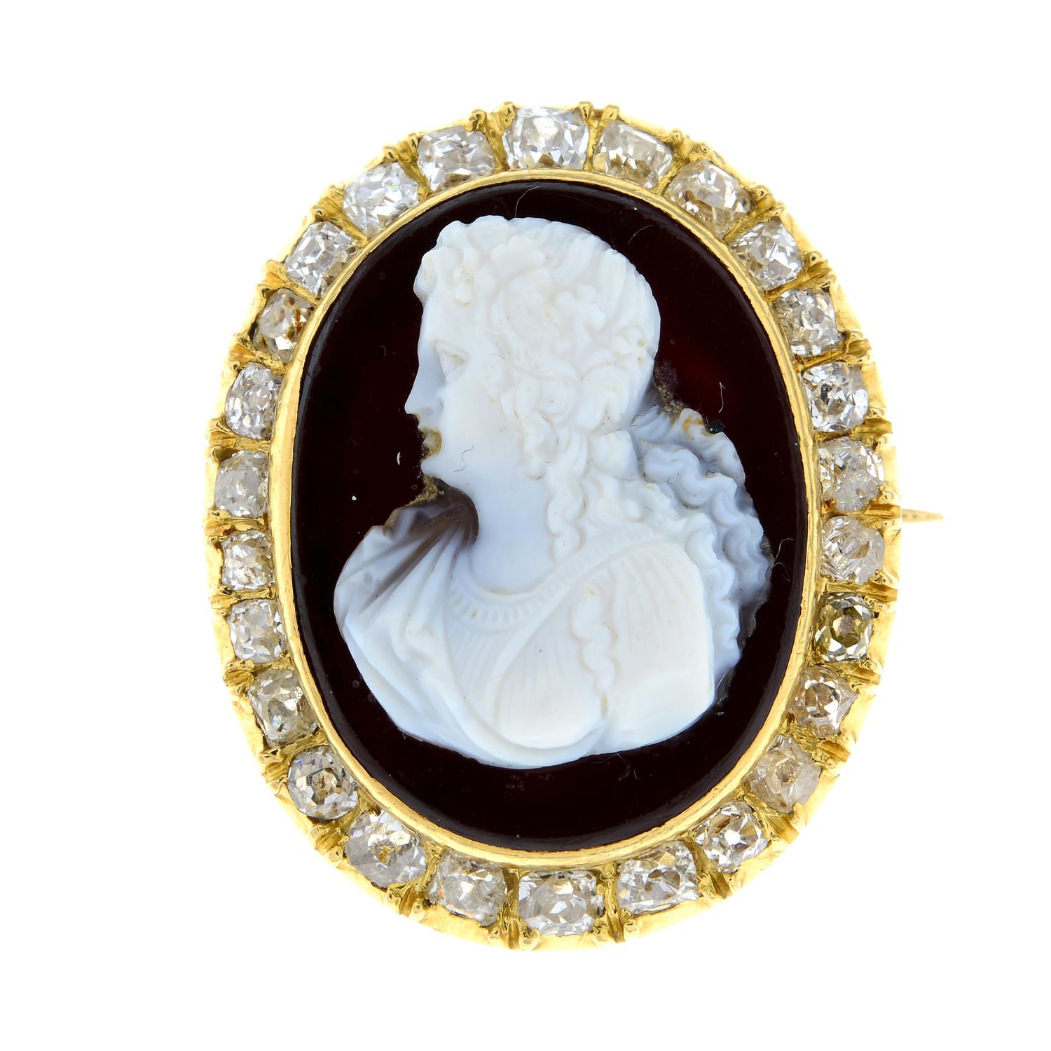 A late 19th century 18ct gold agate cameo and old-cut diamond brooch, depicting a lady in profile. - Image 2 of 5