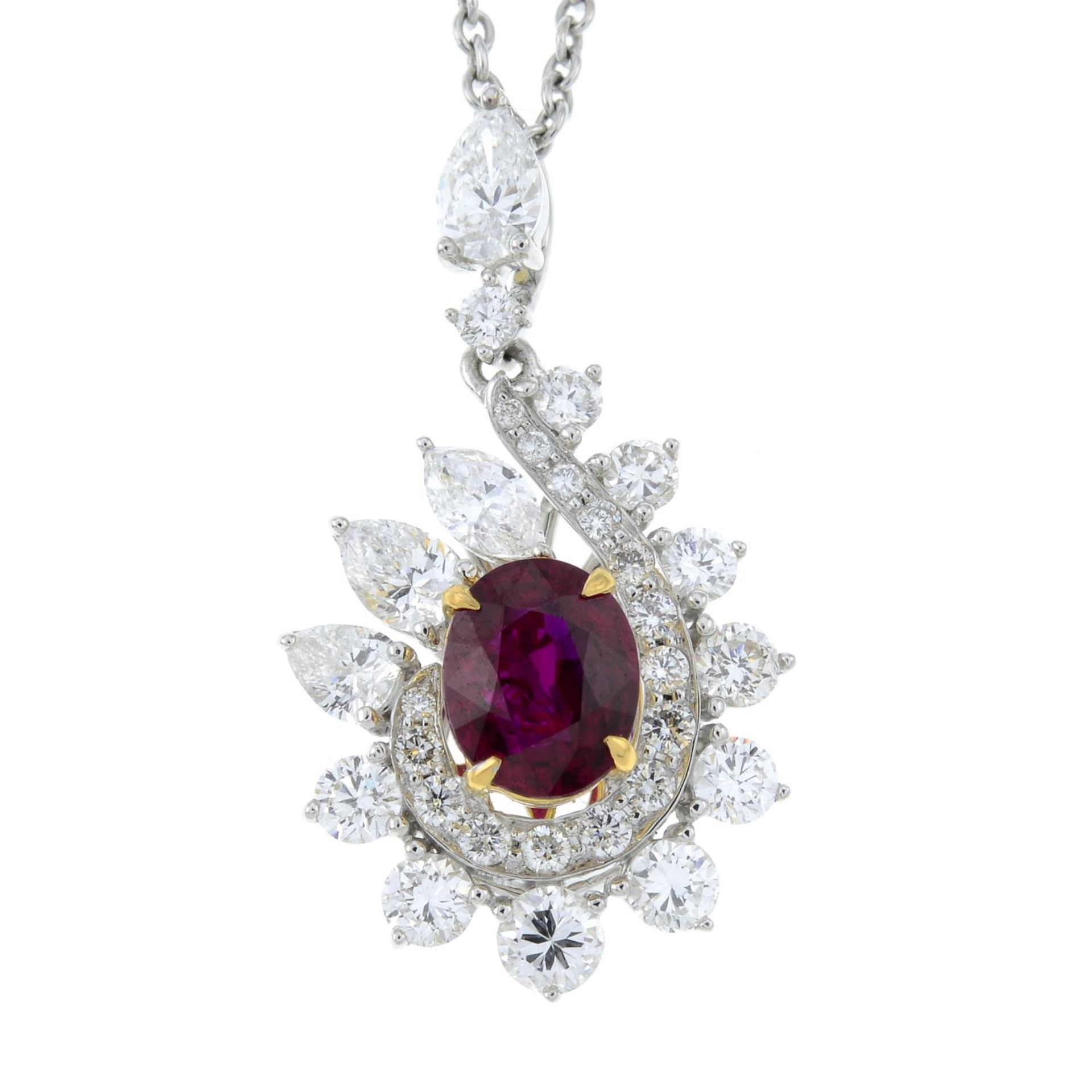 A 'Pigeon's Blood' Burmese ruby and vari-cut diamond cluster pendant, - Bild 2 aus 6