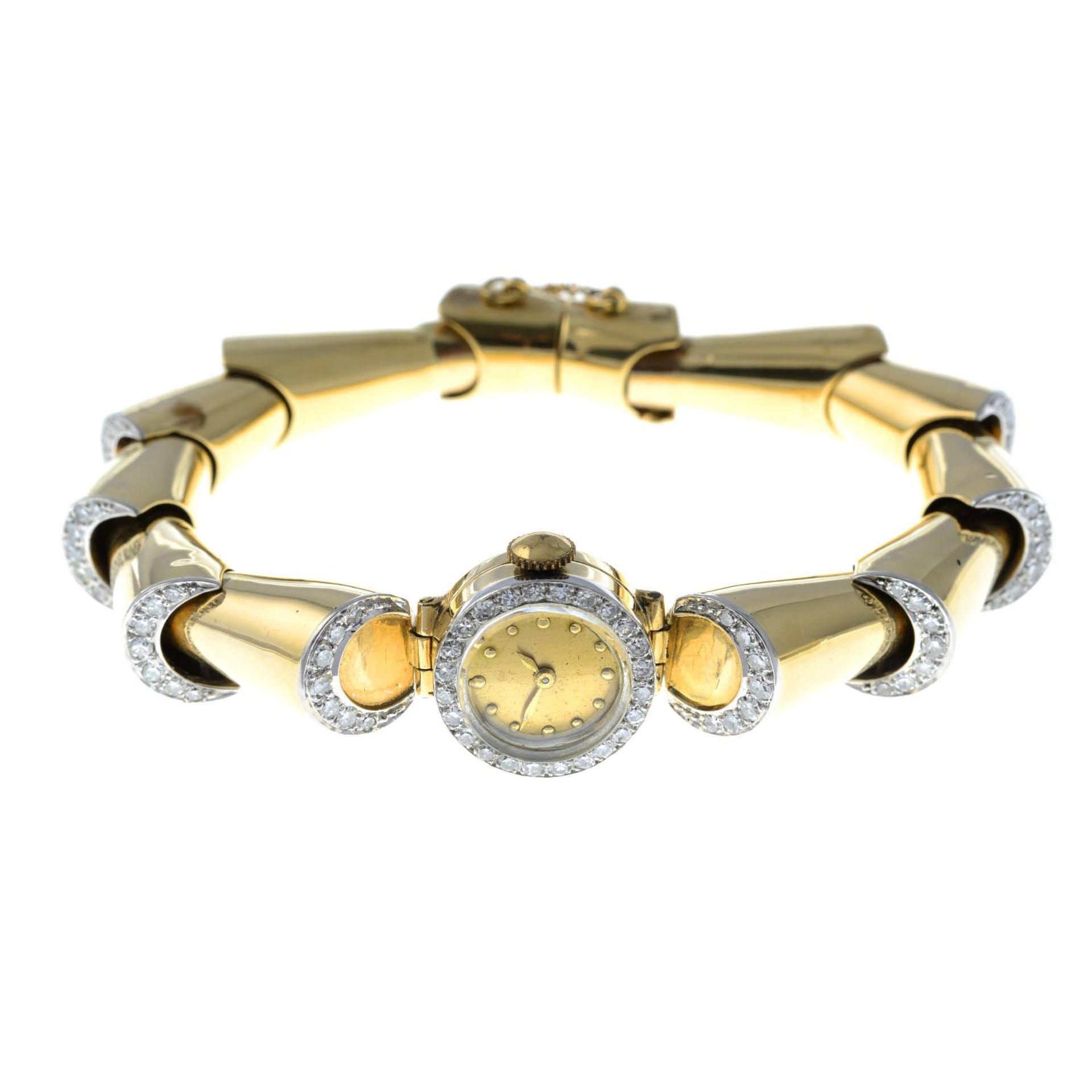 A 1940s gold diamond cocktail watch.Estimated total diamond weight 1.35cts, - Image 5 of 5