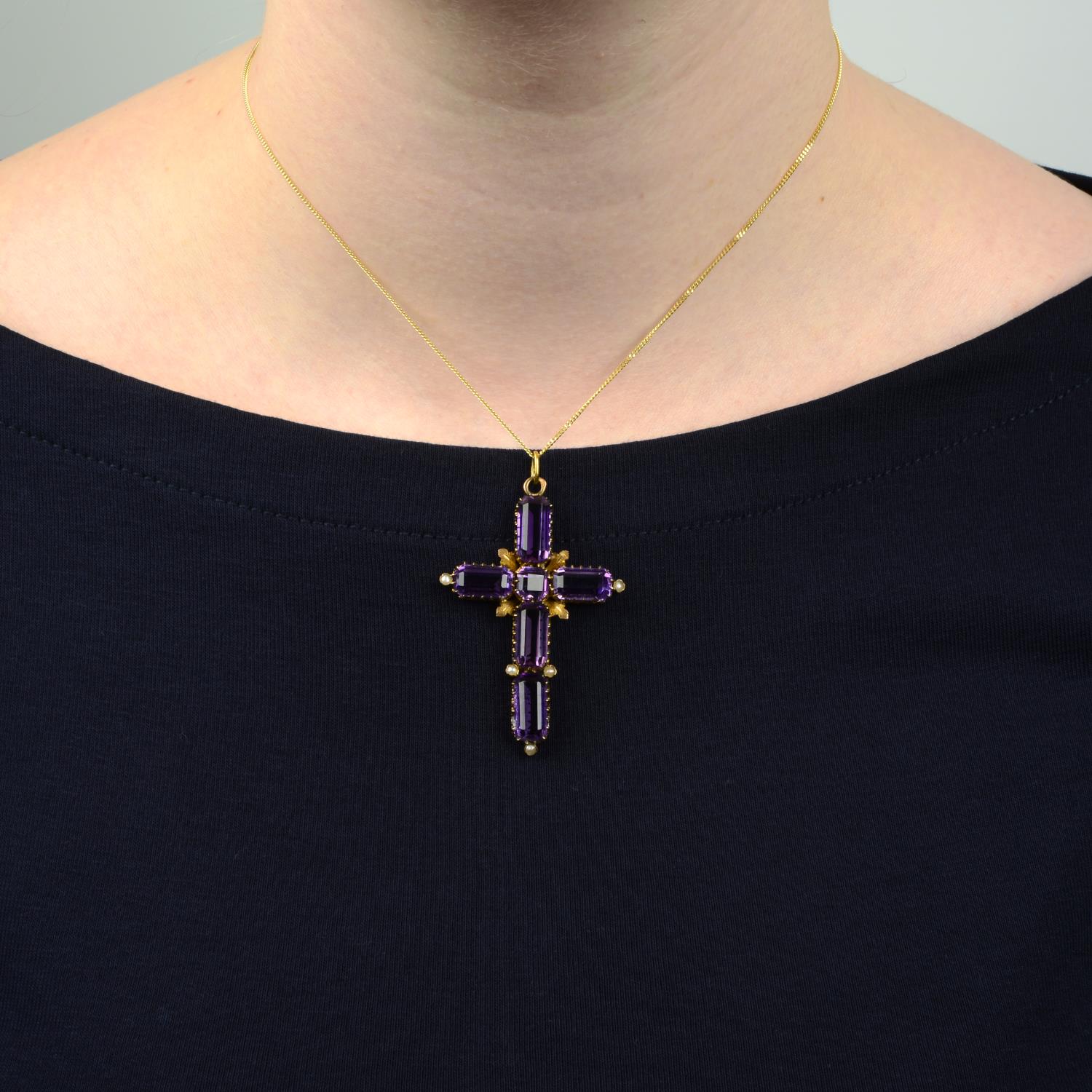 A late 19th century gold amethyst and split pearl cross pendant.Austrian marks, indistinct. - Image 3 of 4