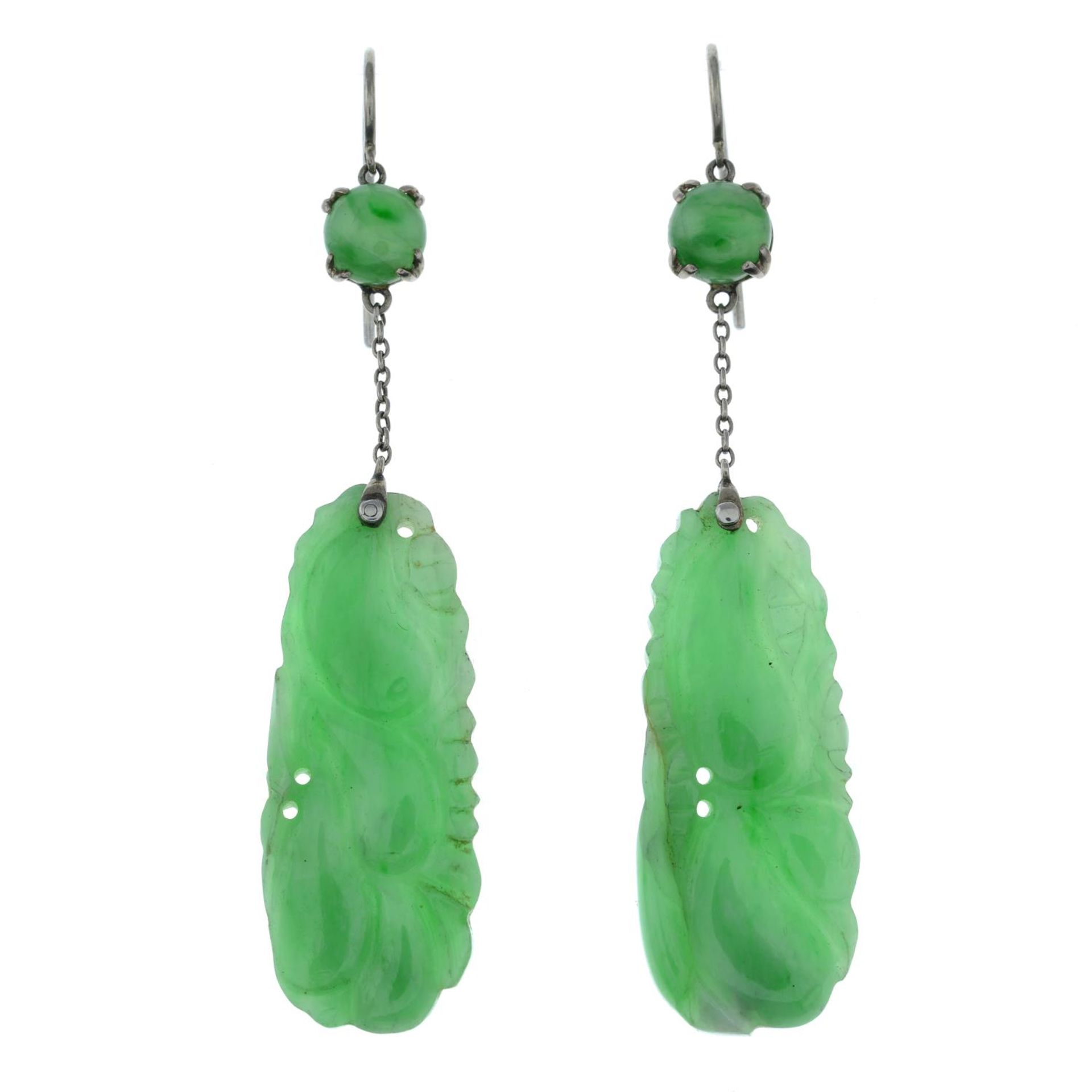 A pair of early 20th century 18ct gold carved A-type jade drop earrings.Verbal from GCS, - Image 2 of 3