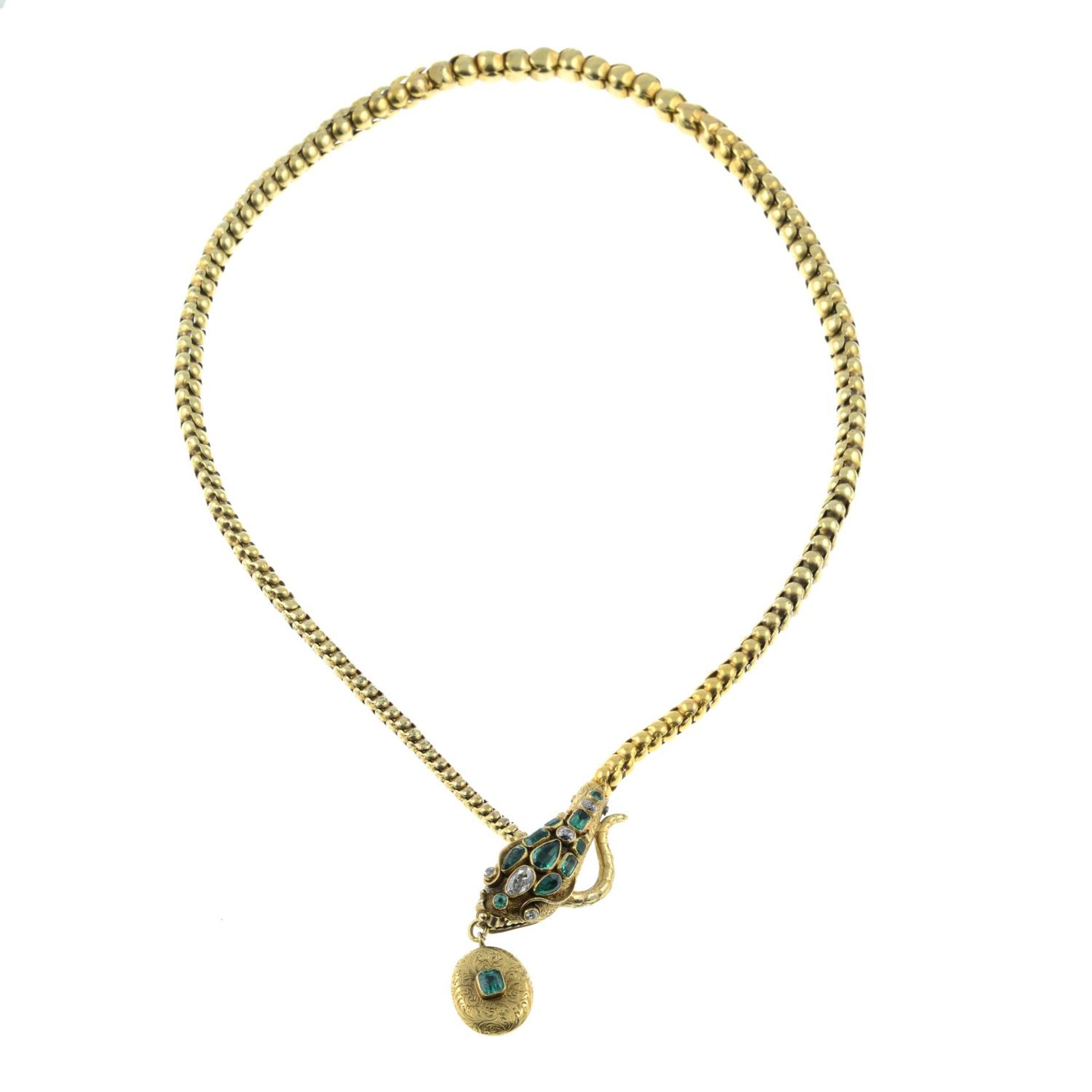 A mid 19th century gold emerald and diamond snake necklace.Estimated total diamond weight 0.50ct, - Image 4 of 5