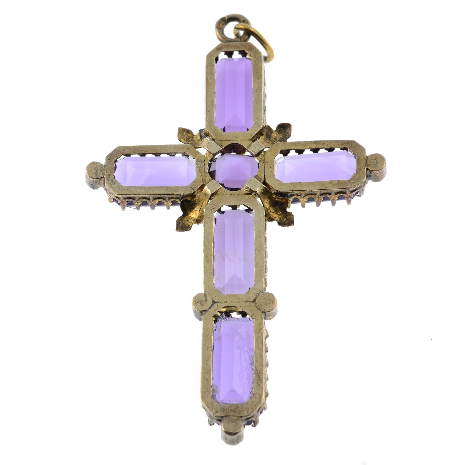 A late 19th century gold amethyst and split pearl cross pendant.Austrian marks, indistinct. - Image 4 of 4