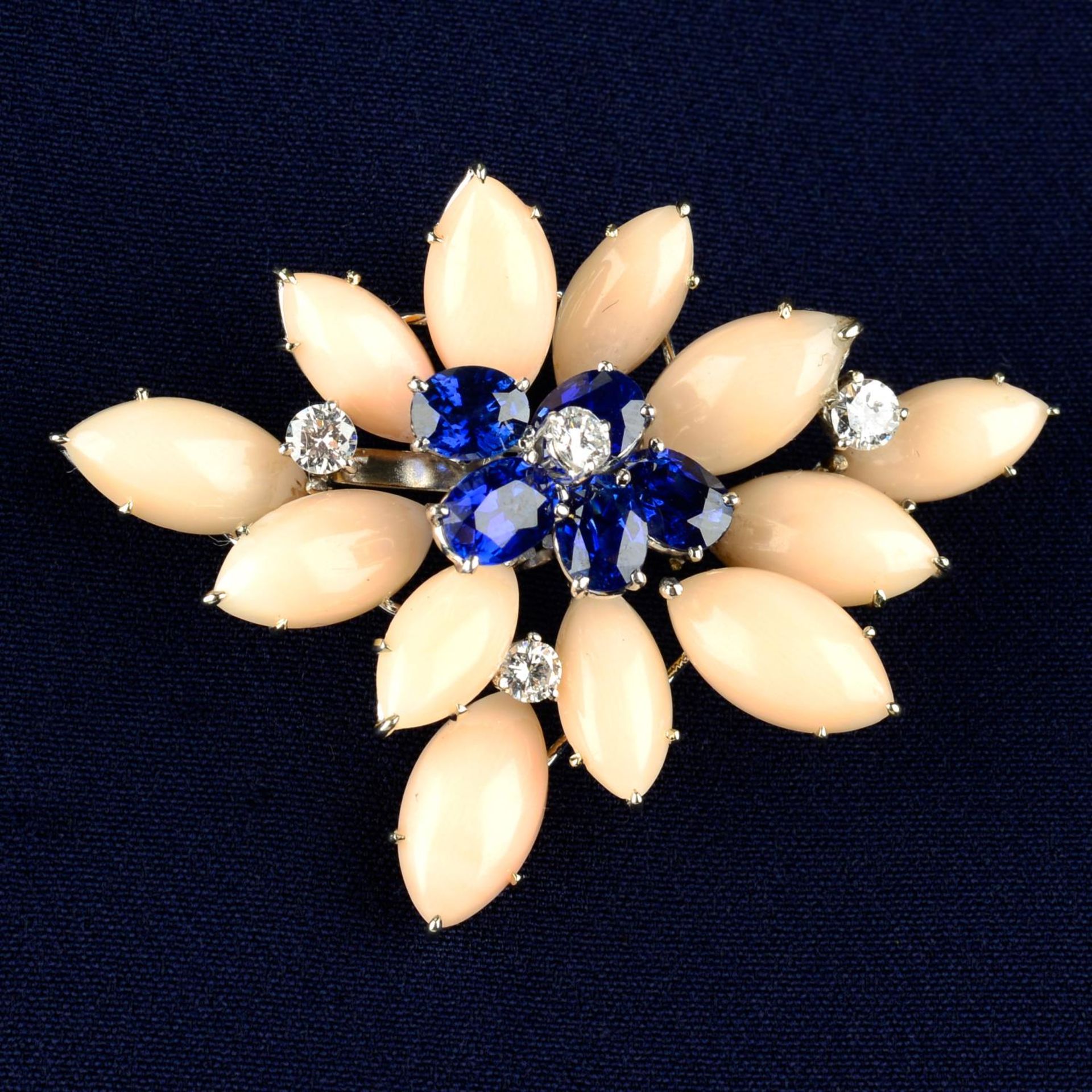 An 18ct gold Burmese sapphire, coral and diamond brooch, by Cartier.