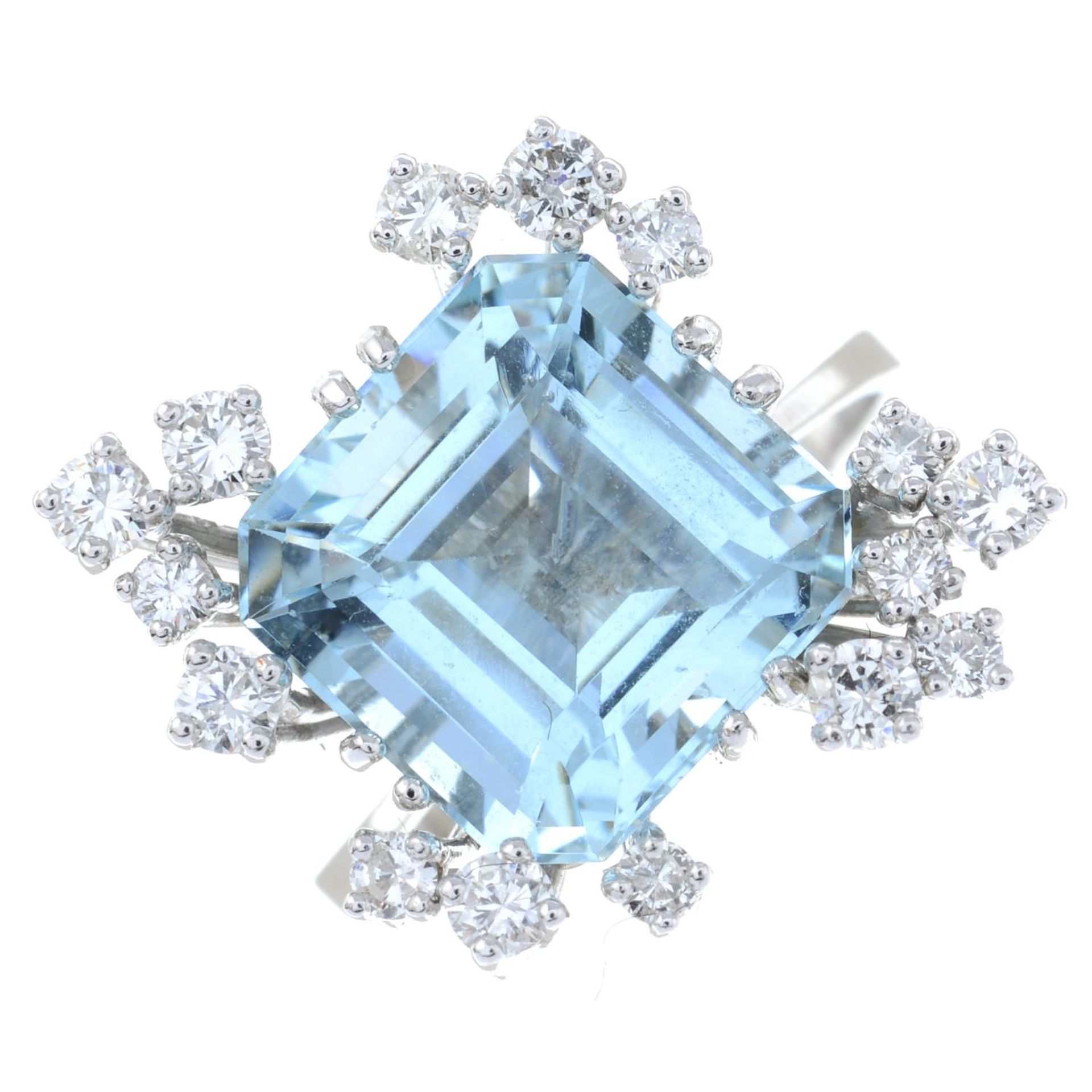 A 1970s 18ct gold aquamarine and diamond cocktail ring.Aquamarine calculated weight 7.20cts, - Image 2 of 6