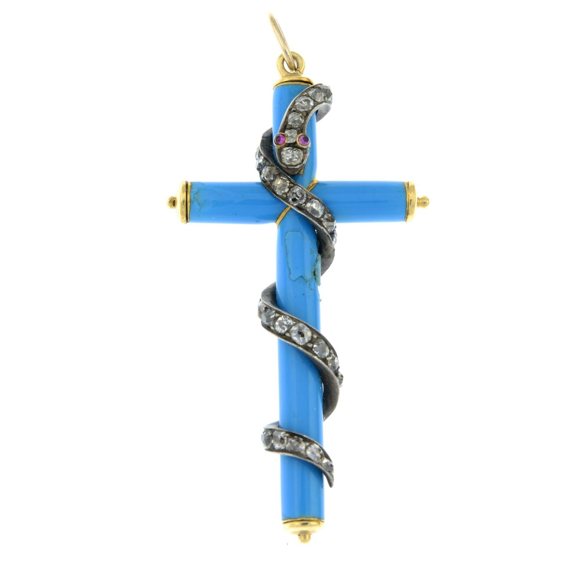 A mid Victorian gold, blue enamel cross pendant with old-cut diamond coiled snake overlay. - Bild 2 aus 4