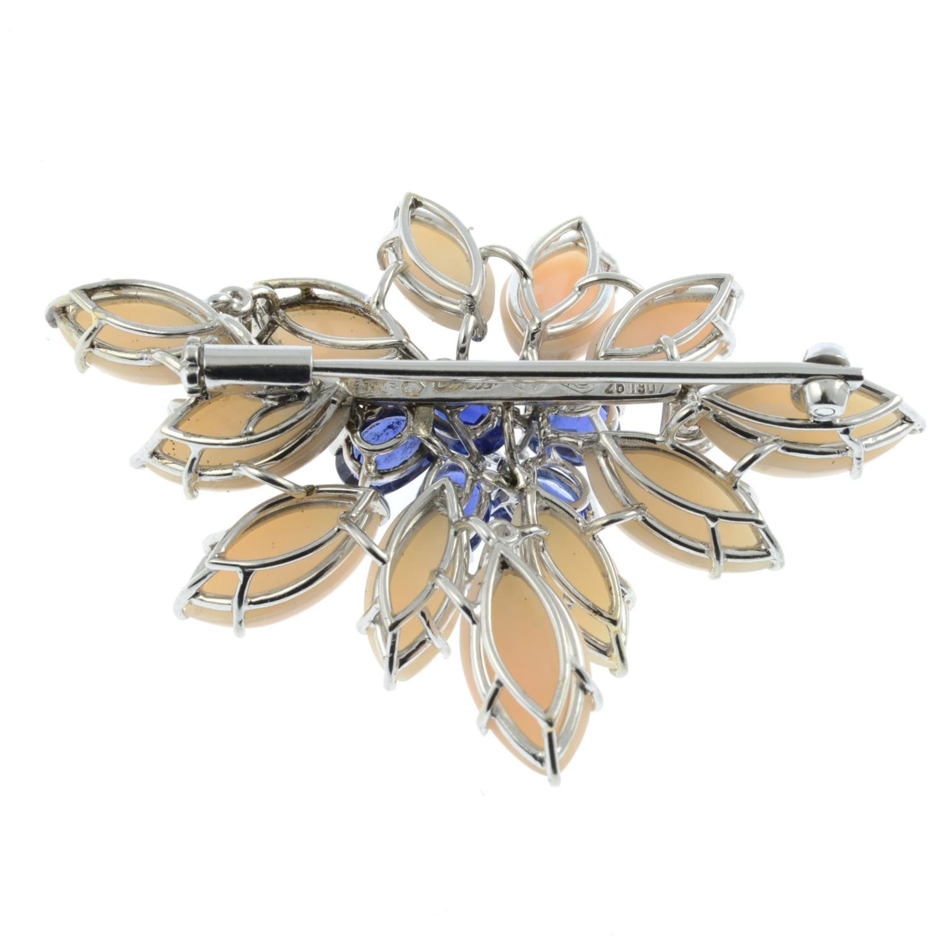 An 18ct gold Burmese sapphire, coral and diamond brooch, by Cartier. - Image 4 of 4