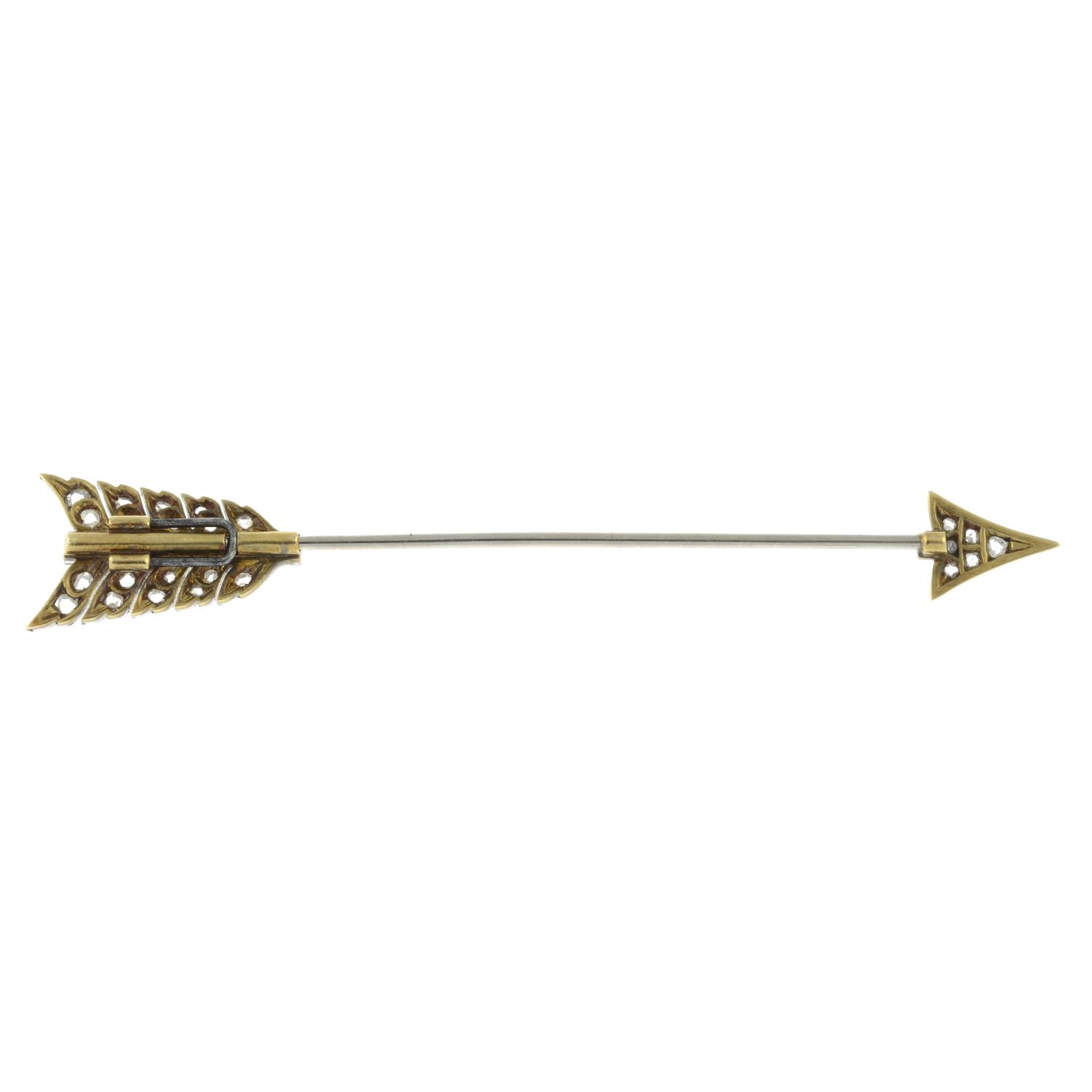 An early 20th century platinum and gold, rose-cut diamond arrow jabot pin.Length 7.6cms. - Image 4 of 4