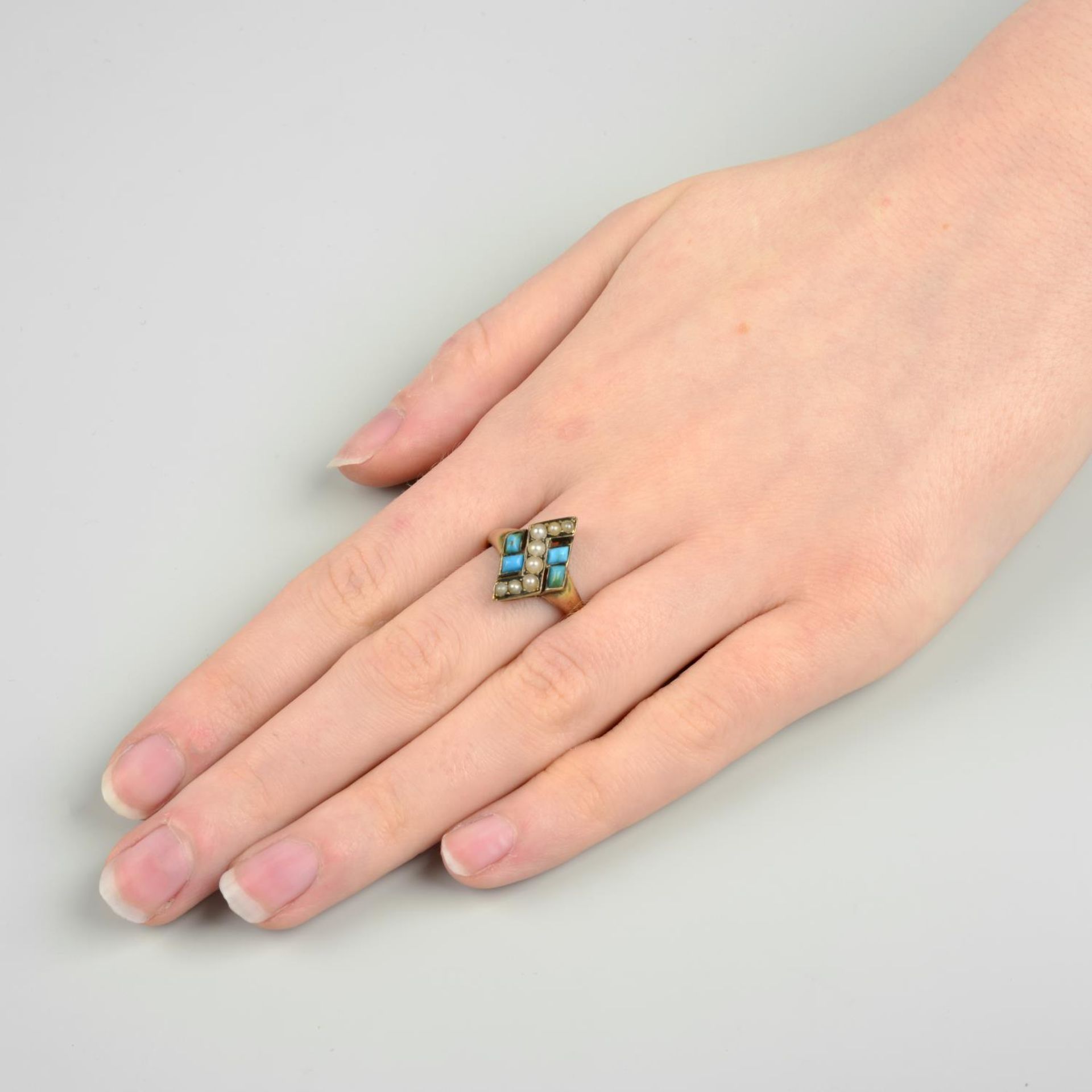 A late Victorian 15ct gold turquoise and split pearl ring.Ring size P. - Image 3 of 6