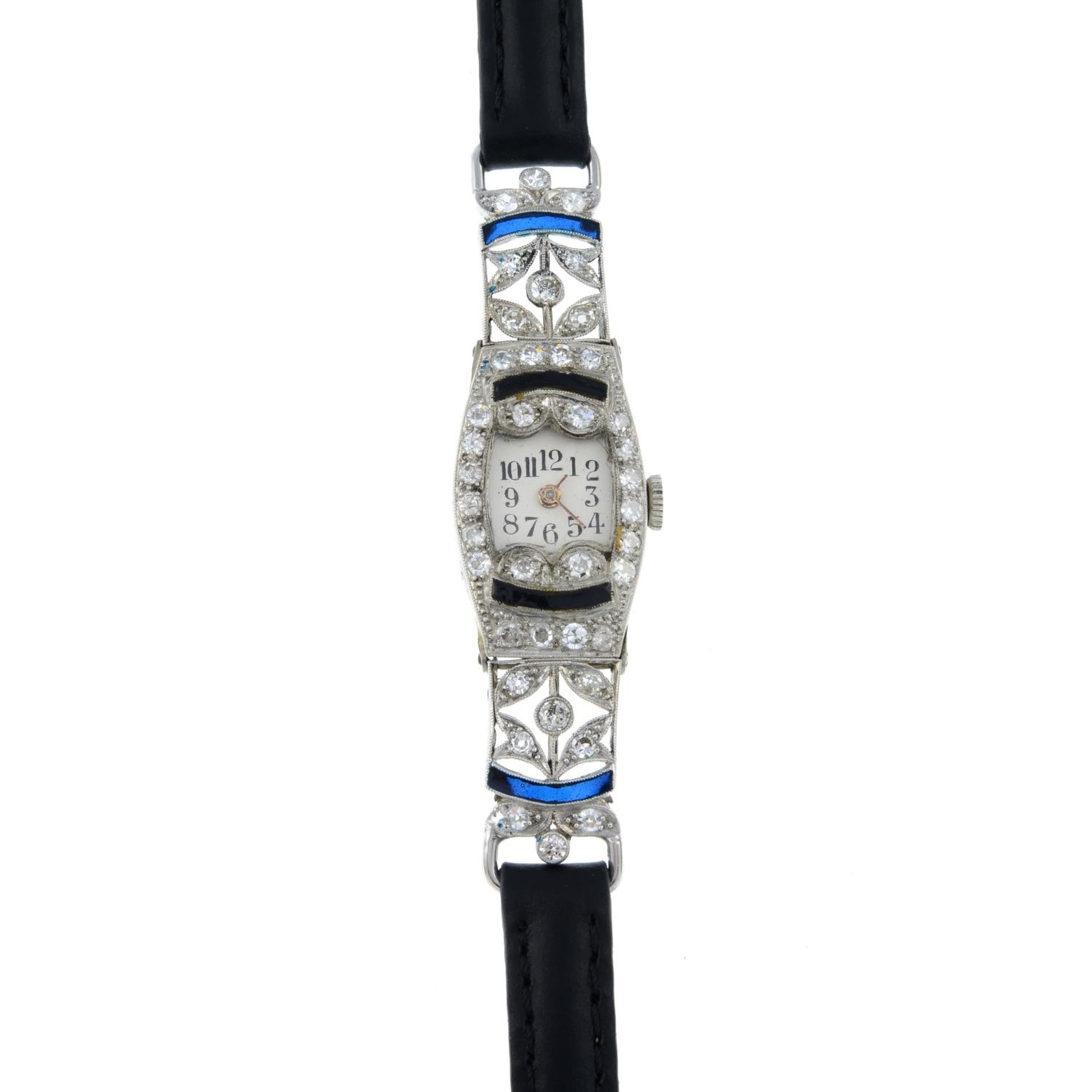 A mid 20th century platinum enamel and diamond cocktail watch, with later leather strap. - Image 2 of 4