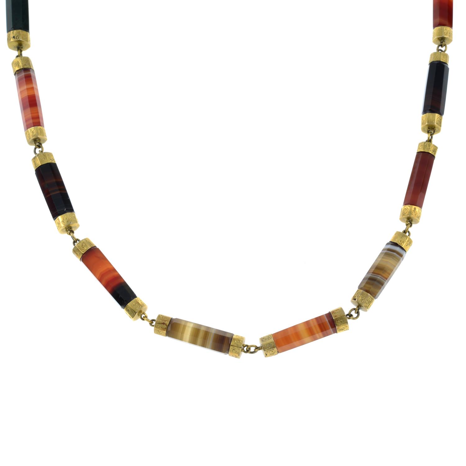 A late Victorian banded agate and bloodstone necklace, with later 9ct gold back chain. - Image 2 of 5