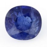 A cushion-shape sapphire, weighing 8.32cts, measuring 11.81 by 11.09 by 7.45mms.