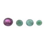 A selection of vari-shape emeralds and an oval-shape ruby.