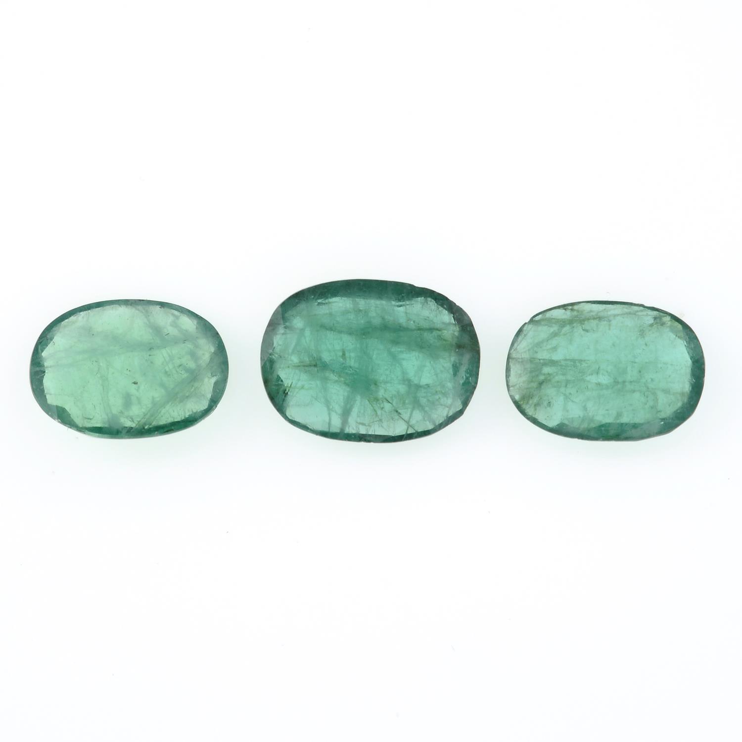Three oval shape emeralds, weighing 5.02ct.