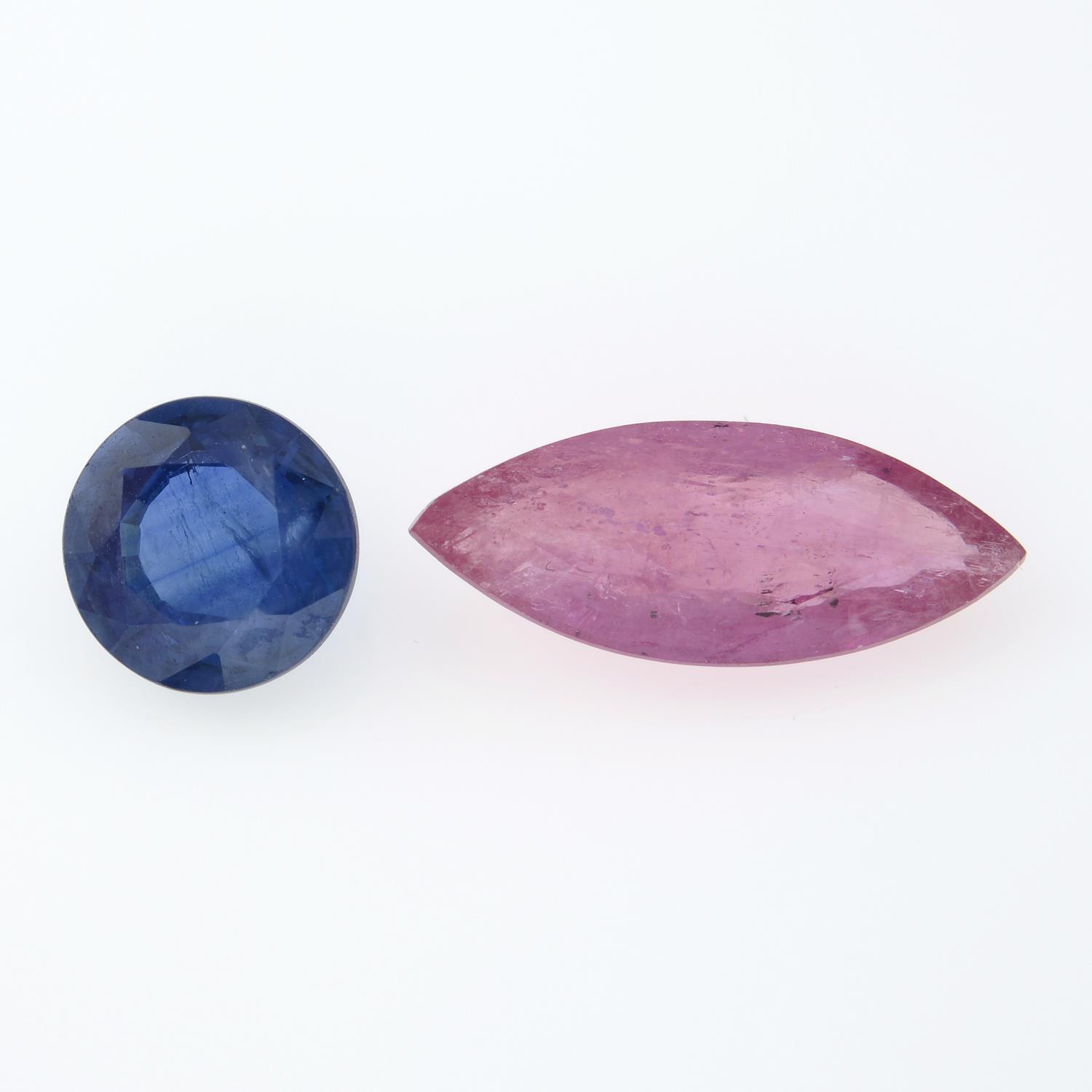 A circular-shape sapphire and a marquise-shape orangey pink sapphire,
