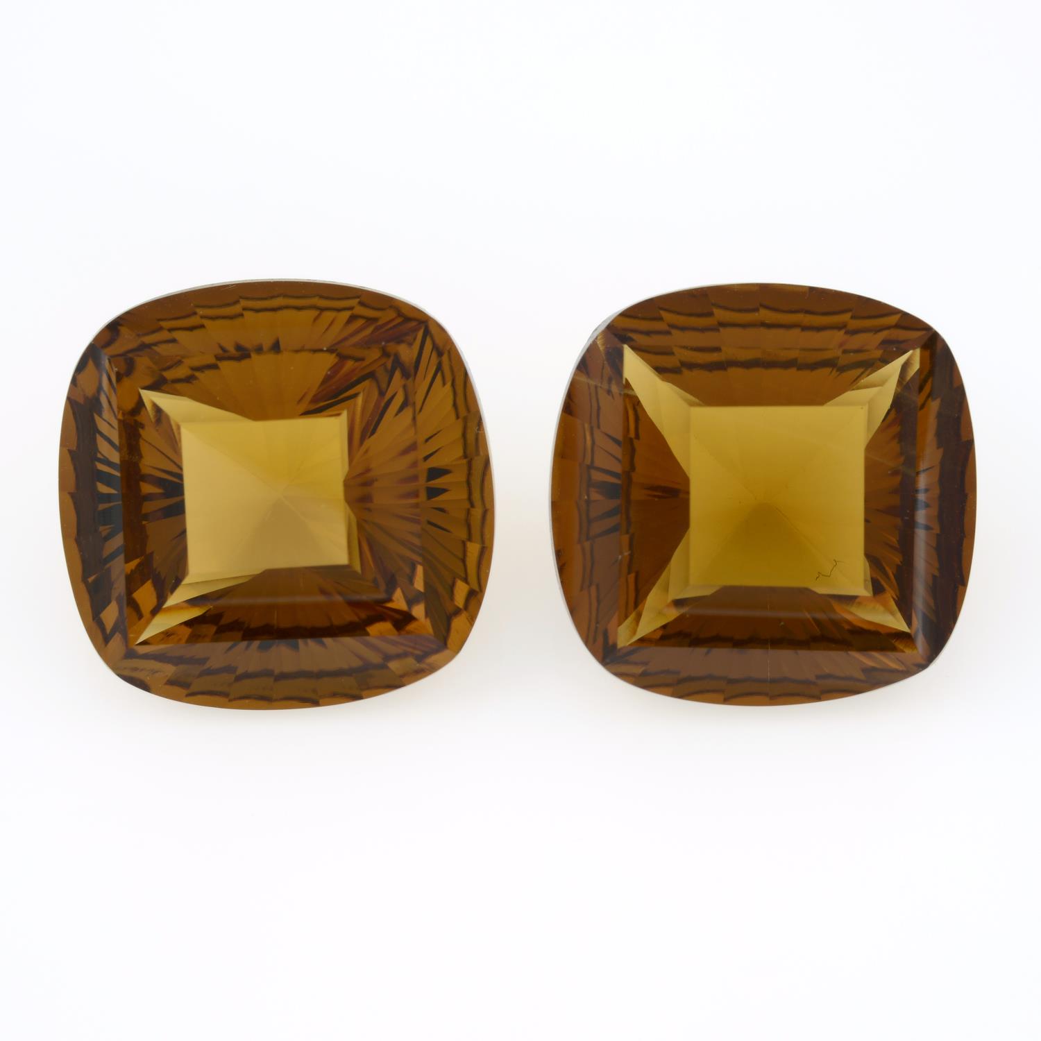 Pair of cushion shape citrines, weighing 39.23ct.