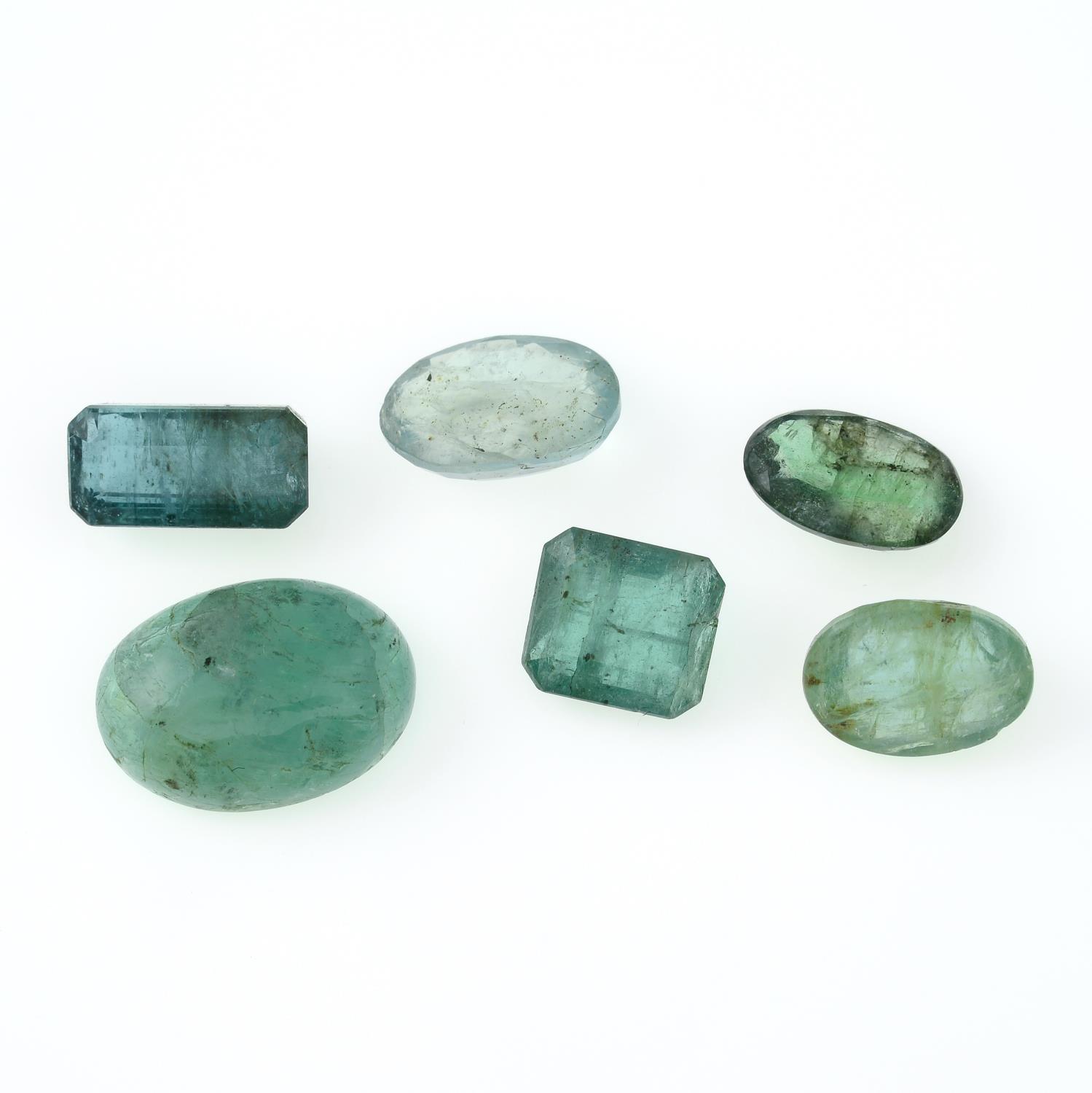 Six vari-shape emeralds.