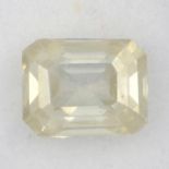 A rectangular-shape pale yellow synthetic moissanite, weighing 2.95cts.