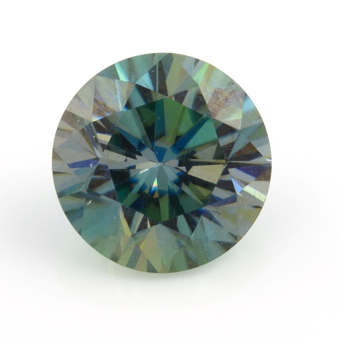 A circular-shape blue synthetic moissanite, weighing 1.47cts.