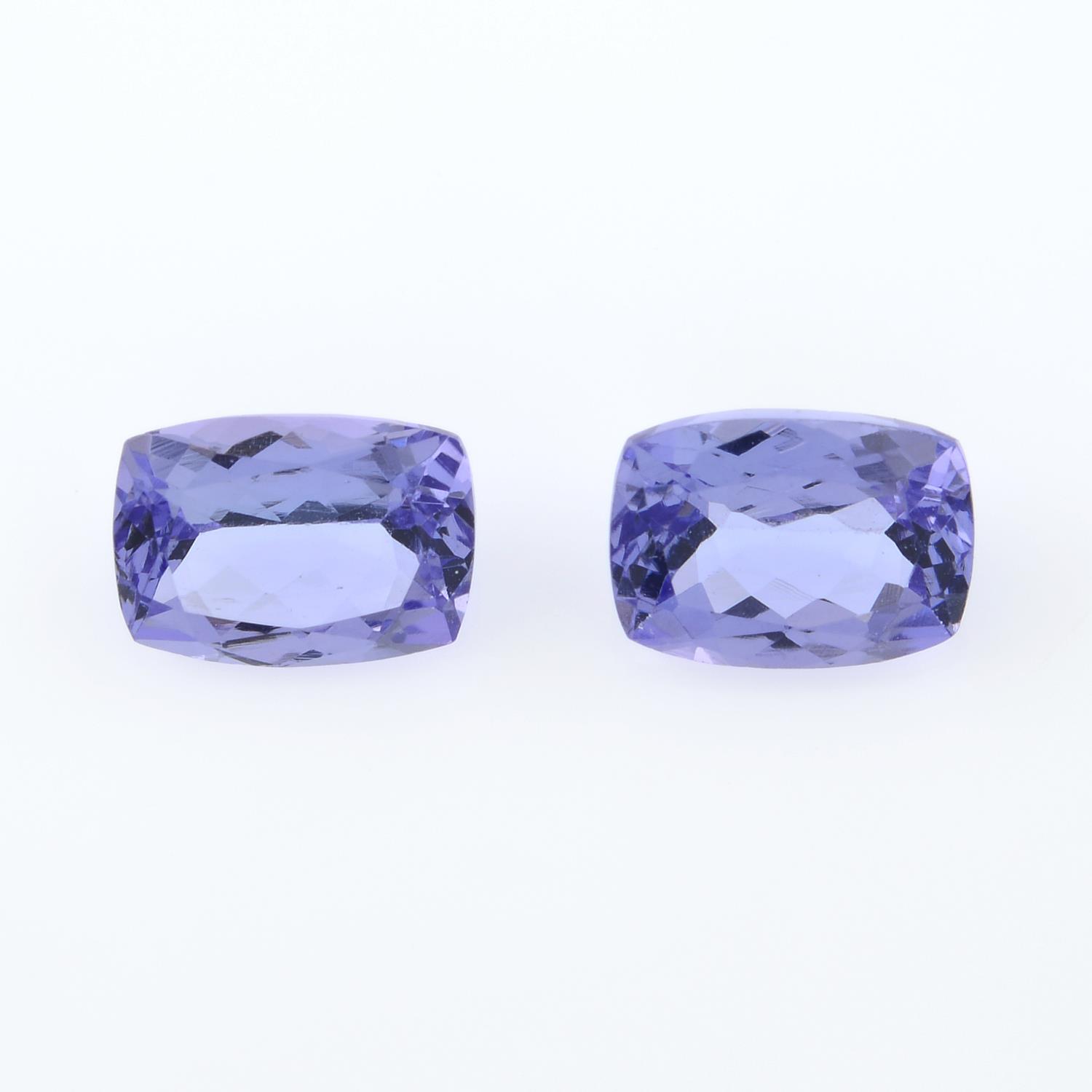 Pair of cushion shape tanzanites, weighing 2ct.