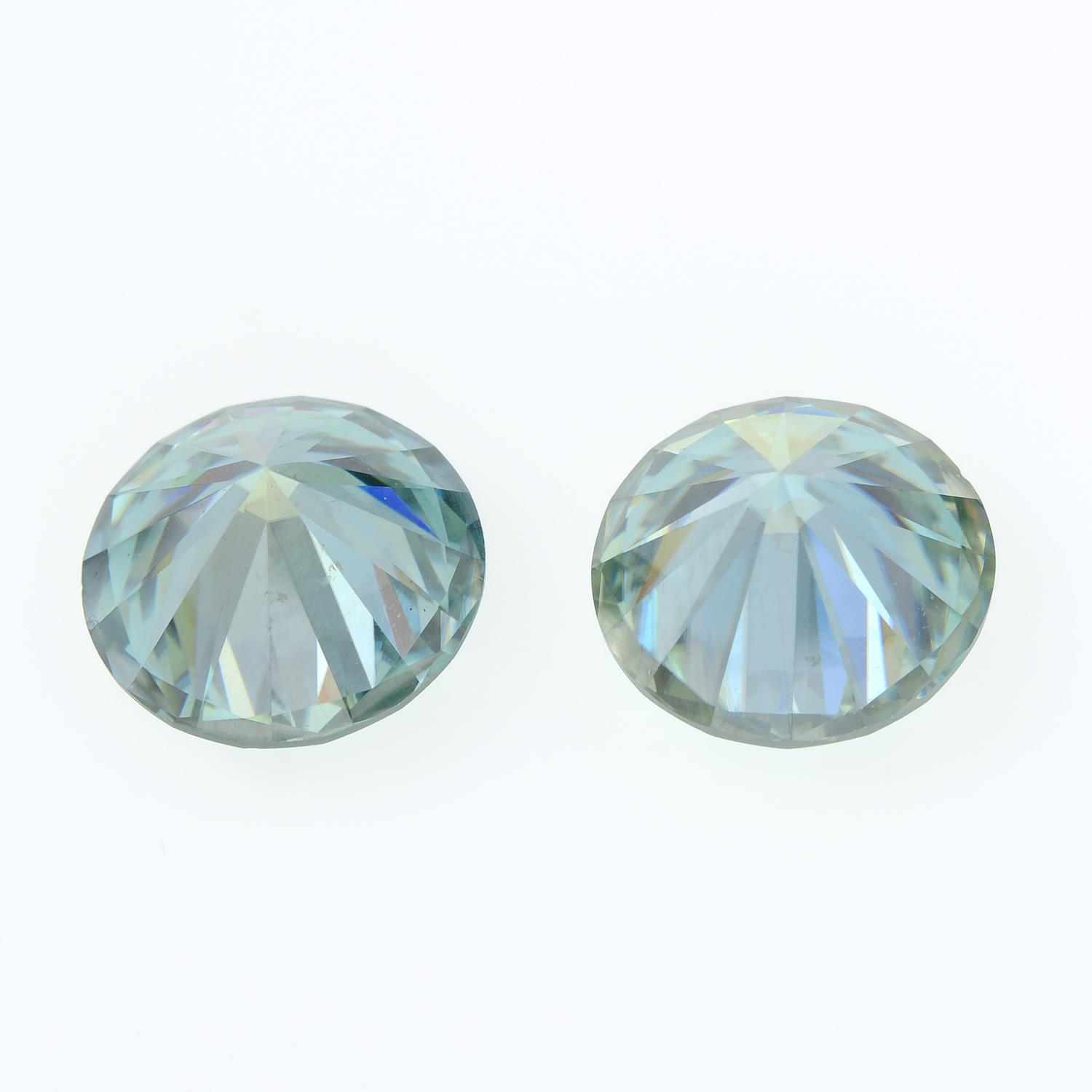 A pair of circular-shape bluish-green synthetic moissanite, total weight 4.15cts. - Image 2 of 2