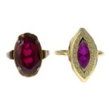 14ct gold synthetic ruby ring, hallmarks for 14ct gold, ring size U, 2gms.