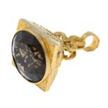 A 9ct gold smoky quartz fob pendant.Length 3.5cms.