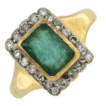 A 9ct gold emerald and single-cut diamond cluster ring.Estimated total diamond weight