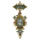 A 19th century micro mosaic memorial brooch featuring a dove motif.May be worn as a pendant.Length