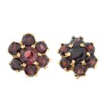 A pair of garnet floral cluster earrings.