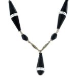 An early 20th century black glass necklace.Length 50cms.