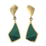 A pair of 9ct gold malachite earrings.Hallmarks for Sheffield, 1994.Length 3.6cms.