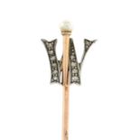 An early 20th century rose-cut diamond and cultured pearl stickpin.Length of stickpin head 1.2cms.