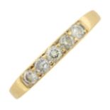 An 18ct gold diamond five-stone ring.Estimated total diamond weight 0.35cts.Hallmarks for