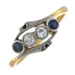 An early 20th century 18ct gold and platinum, sapphire and diamond ring.