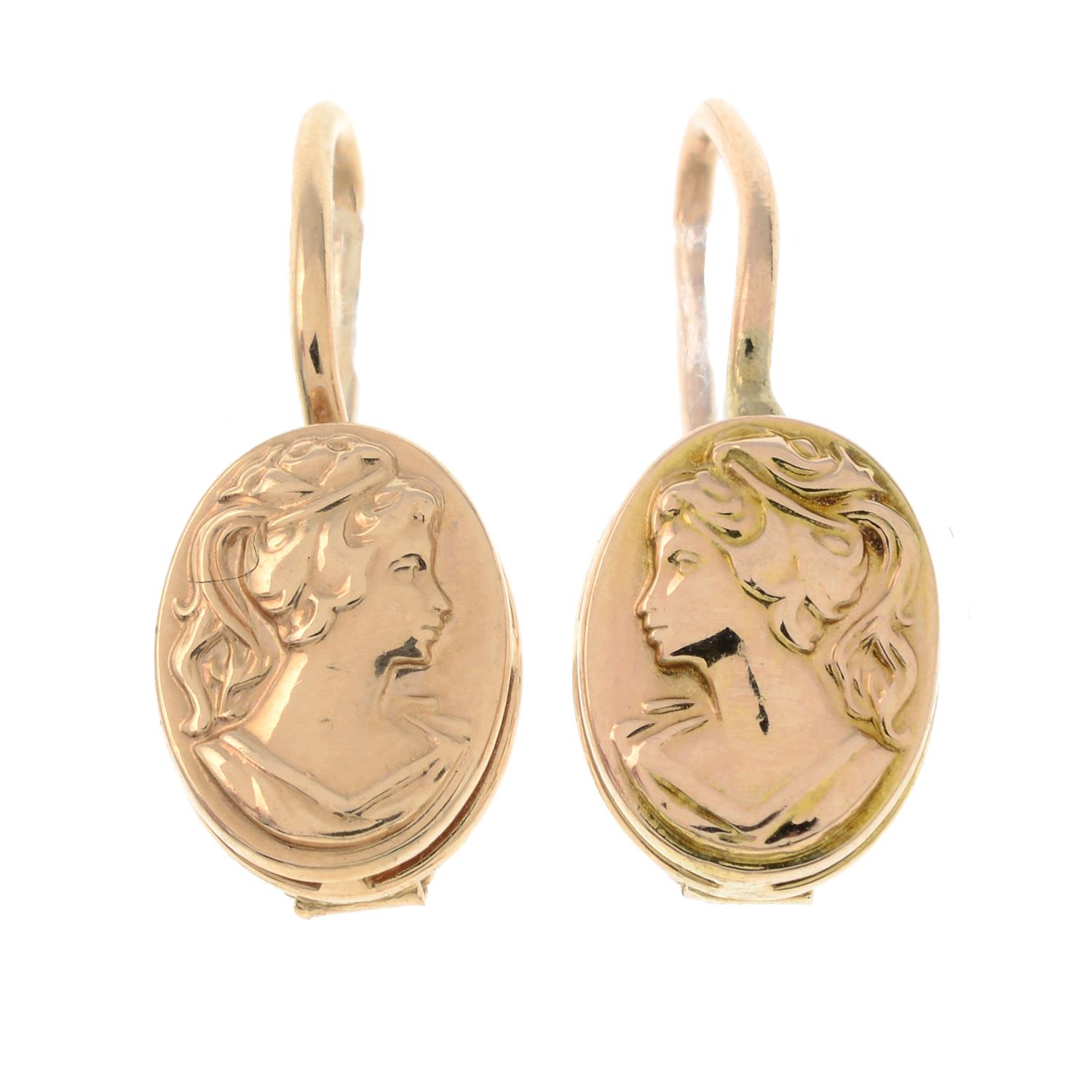 A pair of Russian 14ct gold relief drop earrings of Grecian ladies.Hallmarks for Russia.Length