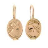 A pair of Russian 14ct gold relief drop earrings of Grecian ladies.Hallmarks for Russia.Length