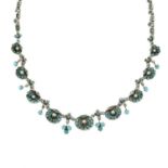 A Victorian turquoise and split-pearl necklace of forget-me-not and scallop shell design.Stamped