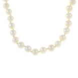 A cultured pearl single-strand necklace.Clasp stamped 14k.Cultured pearl approximate size 8.3 to