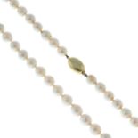 A cultured pearl single-strand necklace.Clasp stamped 585.Length 53.5cms.