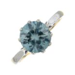 A blue zircon single-stone ring.Stamped 9ct.Ring size J.