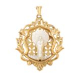 An old-cut diamond and mother-of-pearl Madonna and child pendant.Length 4.7cms.