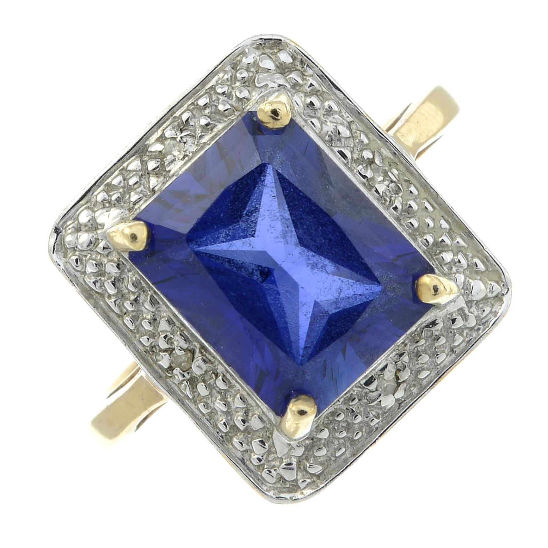 A 9ct gold synthetic sapphire and diamond dress ring.Hallmarks for Birmingham.Ring size L1/2.