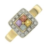 A 9ct gold multi-coloured sapphire and diamond dress ring.Estimated total diamond weight